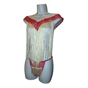 Elegant Moments Vintage Red Lace and Cream Fringe Lingire Set O/S